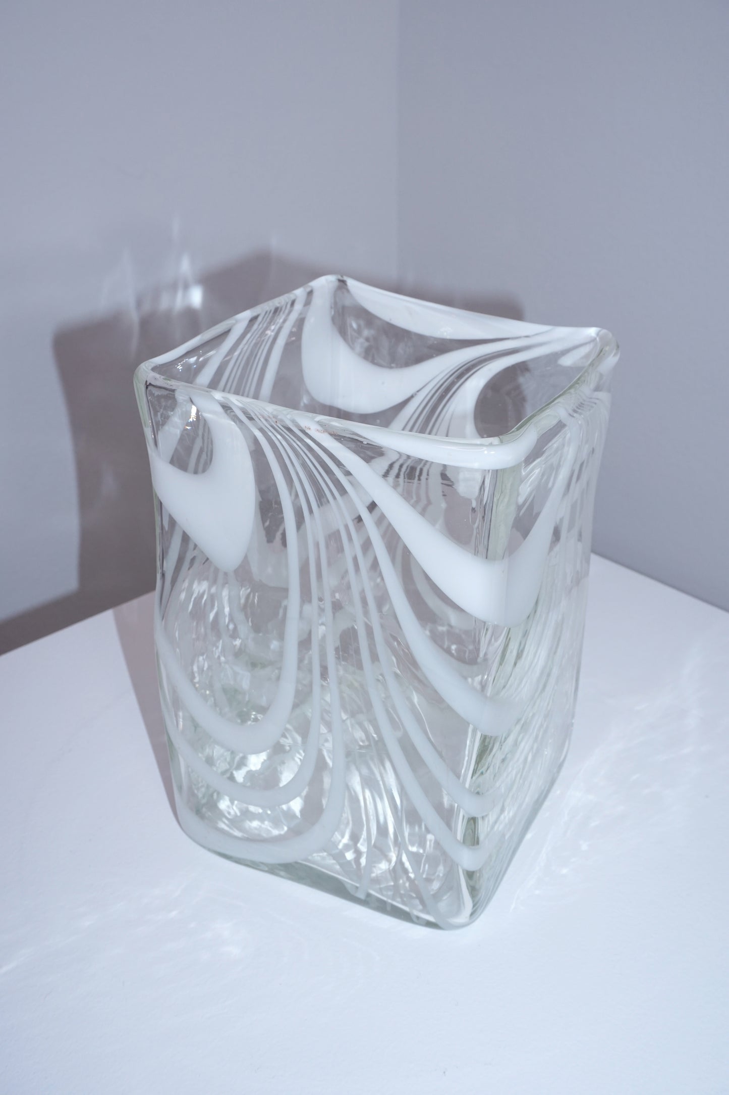 [Early 1990s, USA] Handblown Transparent Cube Vase with White Swirls