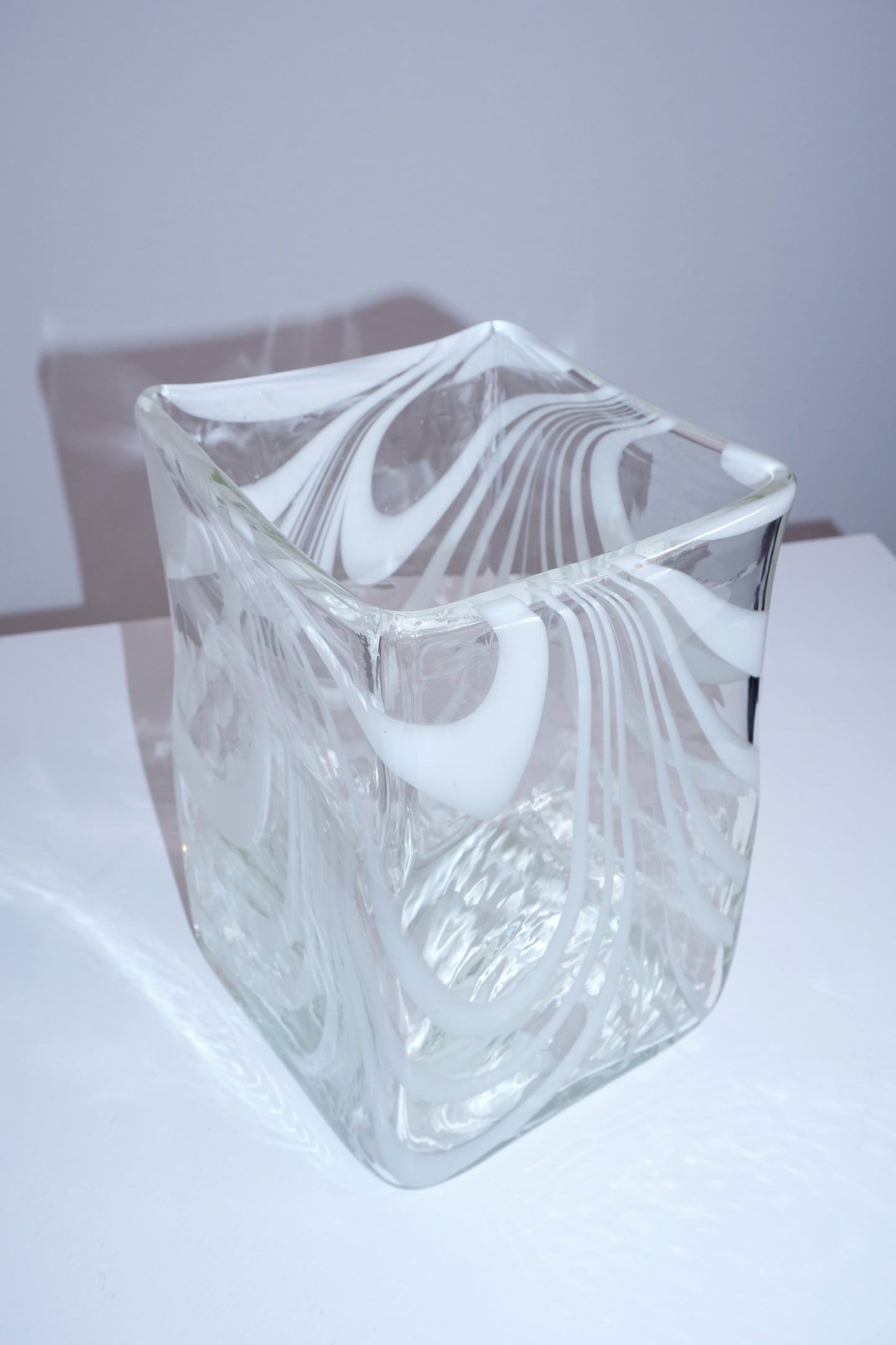 [Early 1990s, USA] Handblown Transparent Cube Vase with White Swirls