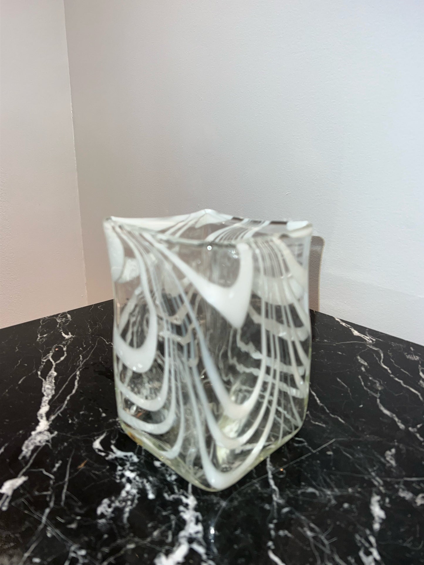 [Early 1990s, USA] Handblown Transparent Cube Vase with White Swirls